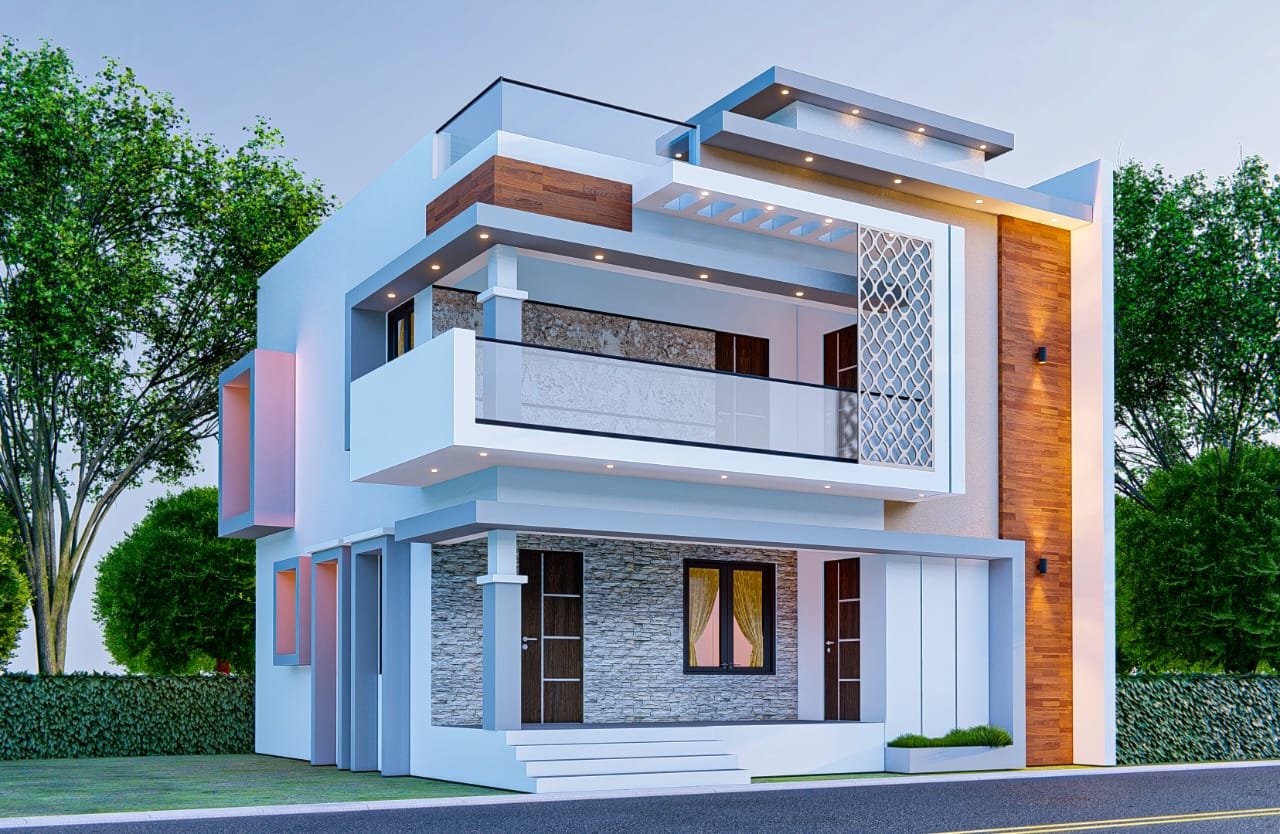 3D elevation designing for residential villa by Alnitak Construction in Tiruppur